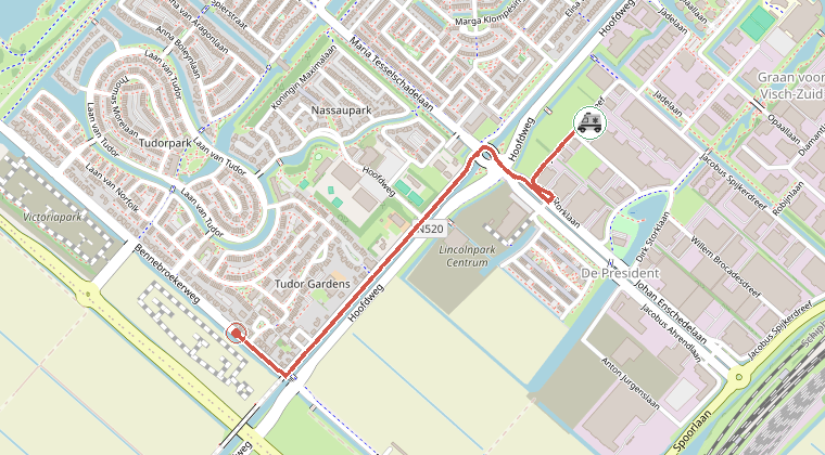 Kaart van de omgeving van de melding, met de kazerne die is gealarmeerd