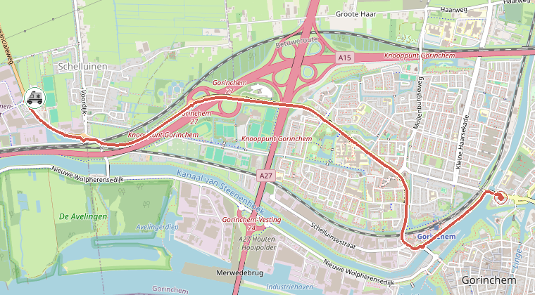 Kaart van de omgeving van de melding, met de kazerne die is gealarmeerd