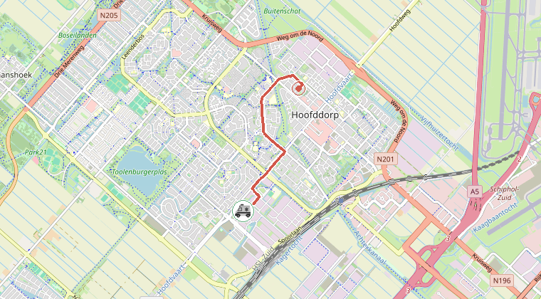Kaart van de omgeving van de melding, met de kazerne die is gealarmeerd