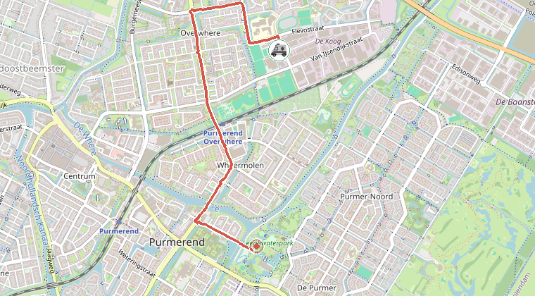Kaart van de omgeving van de melding, met de kazerne die is gealarmeerd