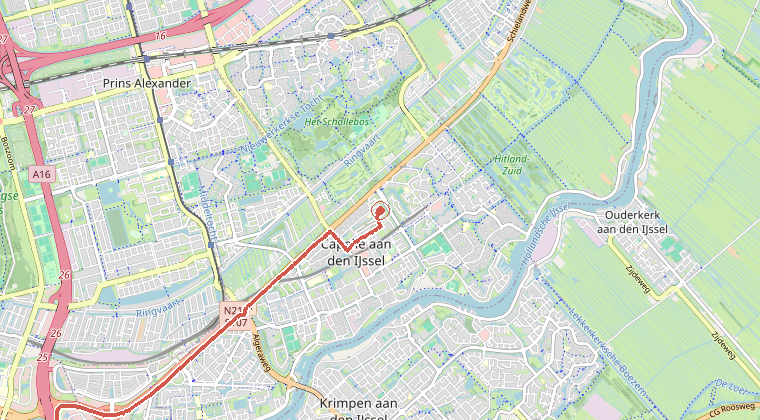 Kaart van de omgeving van de melding, met de kazerne die is gealarmeerd