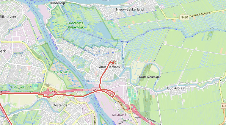 Kaart van de omgeving van de melding, met de kazerne die is gealarmeerd