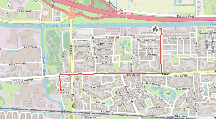 Kaart van de omgeving van de melding, met de kazerne die is gealarmeerd