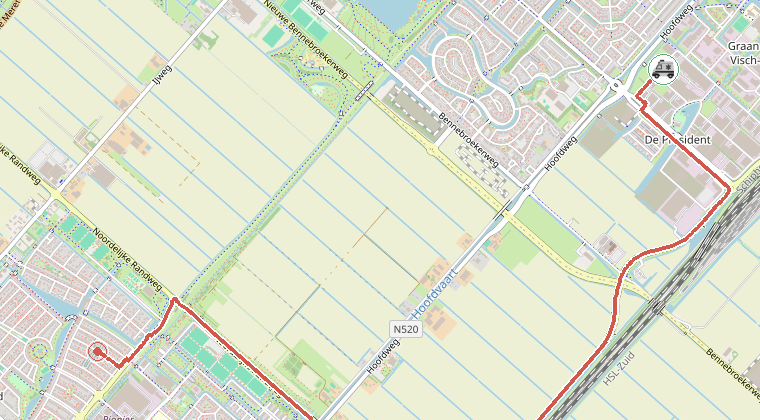 Kaart van de omgeving van de melding, met de kazerne die is gealarmeerd