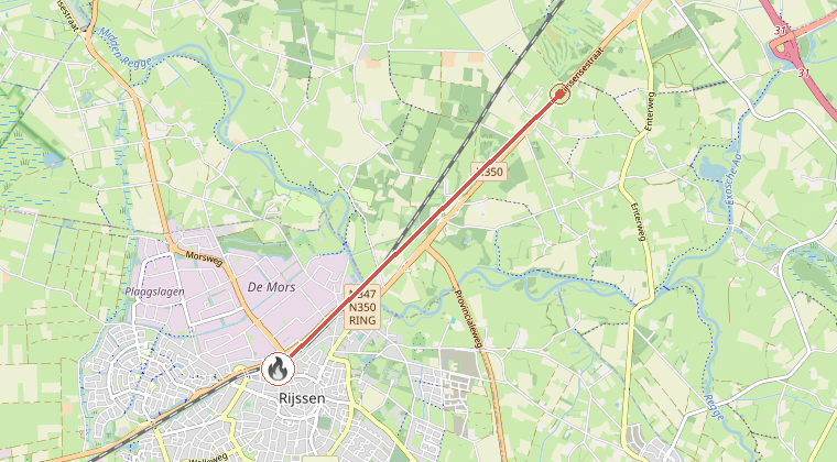 Kaart van de omgeving van de melding, met de kazerne die is gealarmeerd