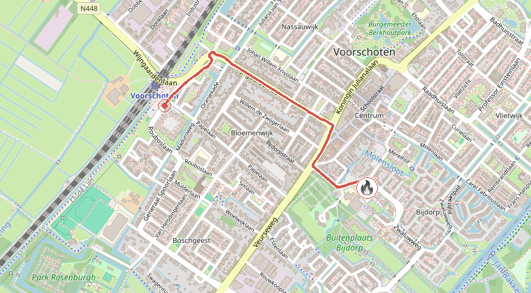 Kaart van de omgeving van de melding, met de kazerne die is gealarmeerd