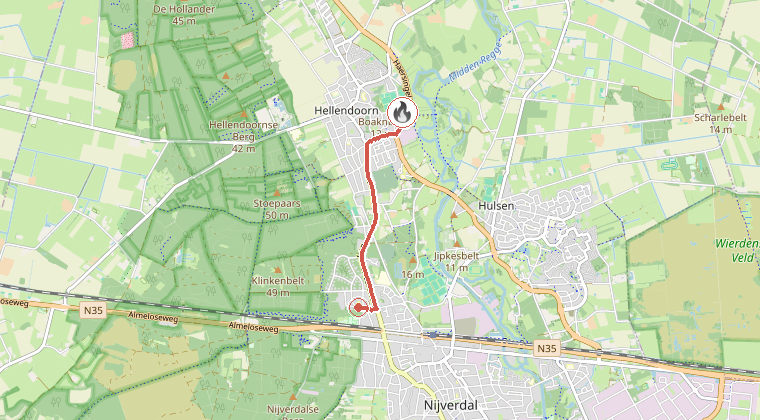 Kaart van de omgeving van de melding, met de kazerne die is gealarmeerd