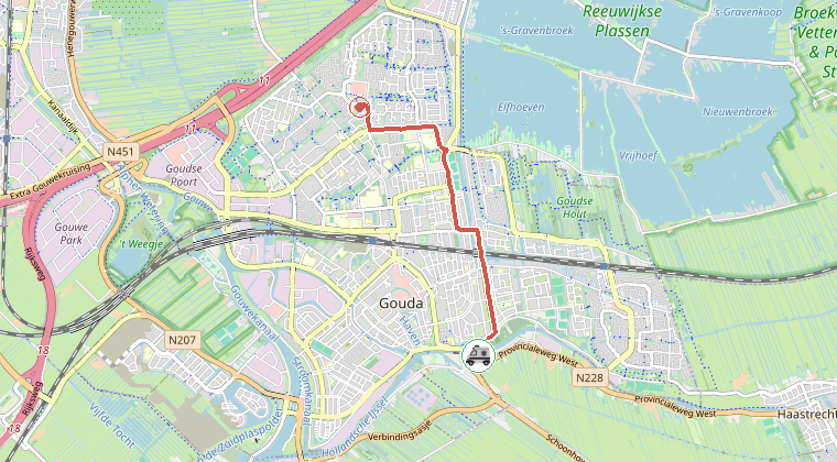 Kaart van de omgeving van de melding, met de kazerne die is gealarmeerd
