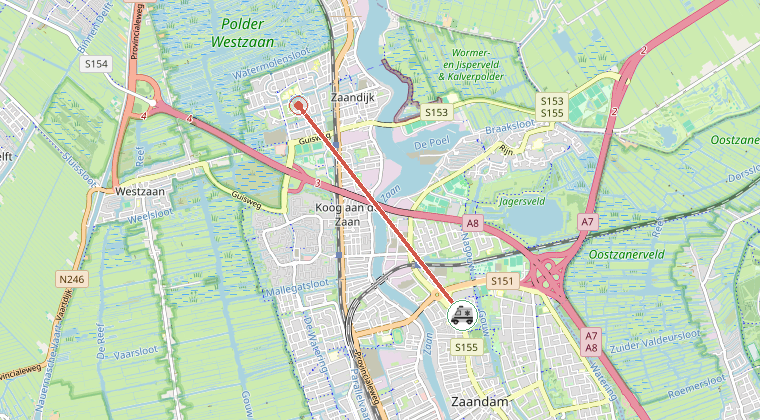 Kaart van de omgeving van de melding, met de kazerne die is gealarmeerd