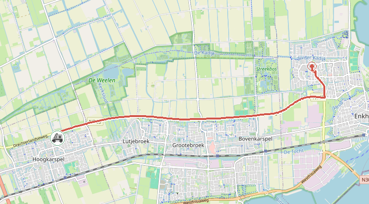 Kaart van de omgeving van de melding, met de kazerne die is gealarmeerd
