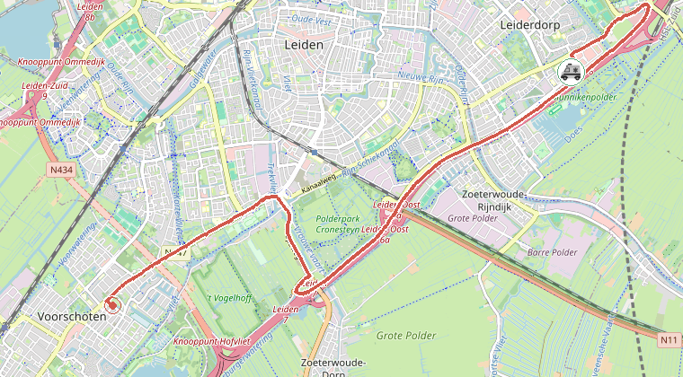 Kaart van de omgeving van de melding, met de kazerne die is gealarmeerd