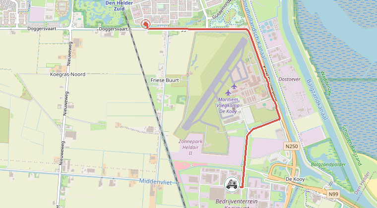 Kaart van de omgeving van de melding, met de kazerne die is gealarmeerd