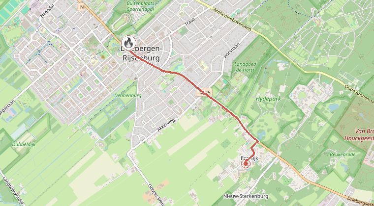 Kaart van de omgeving van de melding, met de kazerne die is gealarmeerd
