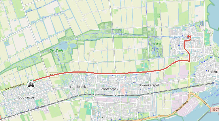 Kaart van de omgeving van de melding, met de kazerne die is gealarmeerd
