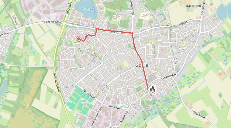 Kaart van de omgeving van de melding, met de kazerne die is gealarmeerd