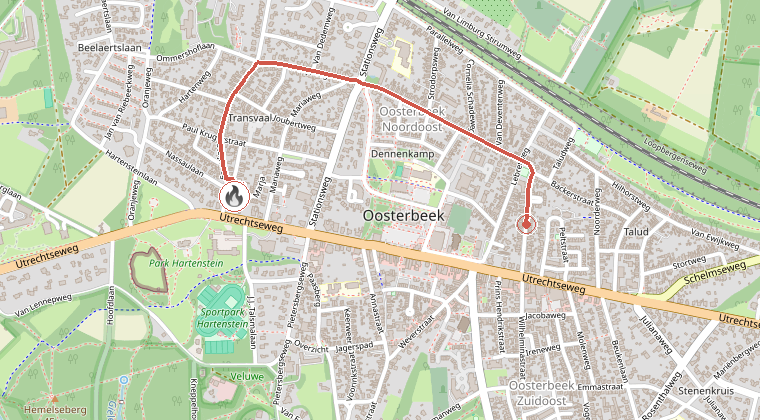 Kaart van de omgeving van de melding, met de kazerne die is gealarmeerd