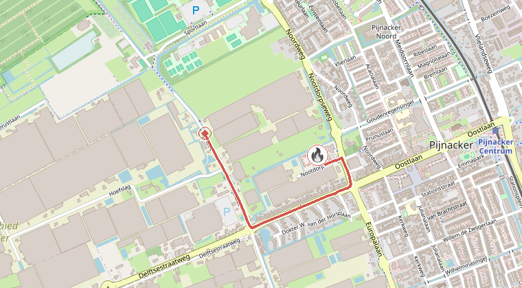 Kaart van de omgeving van de melding, met de kazerne die is gealarmeerd