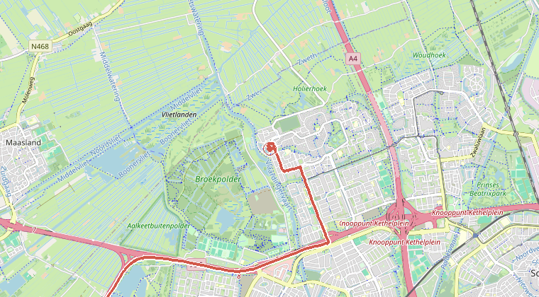 Kaart van de omgeving van de melding, met de kazerne die is gealarmeerd