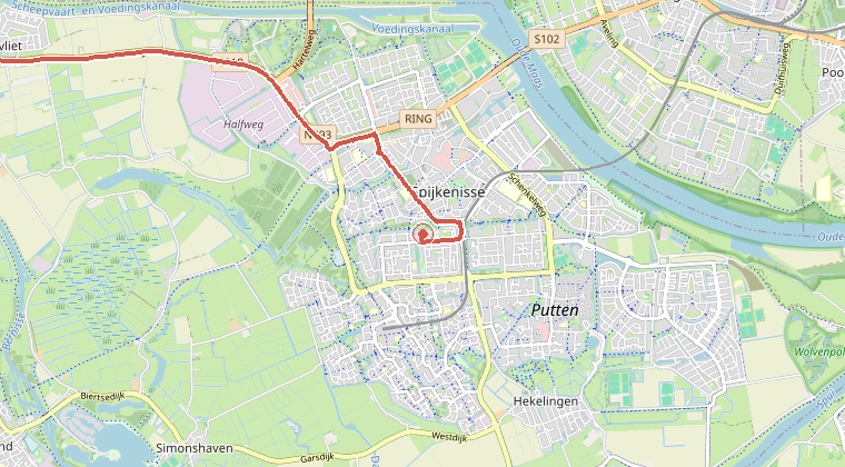 Kaart van de omgeving van de melding, met de kazerne die is gealarmeerd