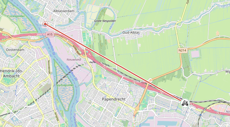 Kaart van de omgeving van de melding, met de kazerne die is gealarmeerd