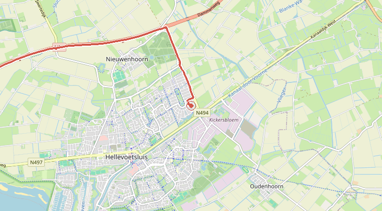 Kaart van de omgeving van de melding, met de kazerne die is gealarmeerd