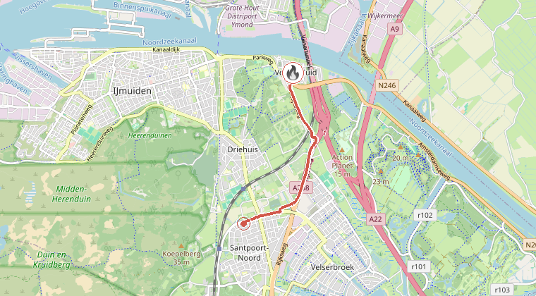 Kaart van de omgeving van de melding, met de kazerne die is gealarmeerd