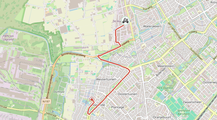 Kaart van de omgeving van de melding, met de kazerne die is gealarmeerd