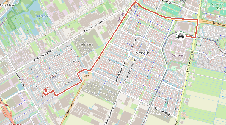 Kaart van de omgeving van de melding, met de kazerne die is gealarmeerd