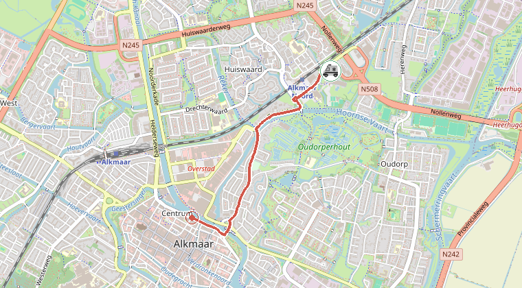Kaart van de omgeving van de melding, met de kazerne die is gealarmeerd