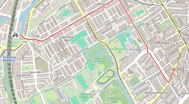 Kaart van de omgeving van de melding, met de kazerne die is gealarmeerd