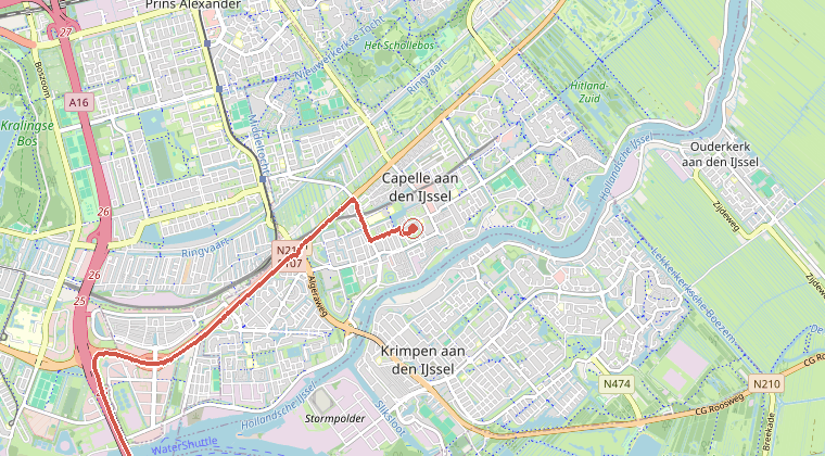 Kaart van de omgeving van de melding, met de kazerne die is gealarmeerd