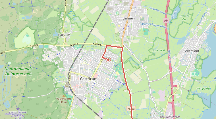 Kaart van de omgeving van de melding, met de kazerne die is gealarmeerd
