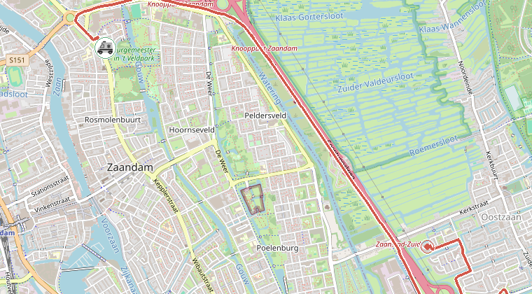 Kaart van de omgeving van de melding, met de kazerne die is gealarmeerd