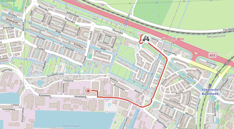 Kaart van de omgeving van de melding, met de kazerne die is gealarmeerd