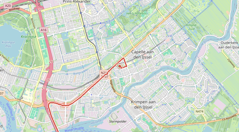 Kaart van de omgeving van de melding, met de kazerne die is gealarmeerd