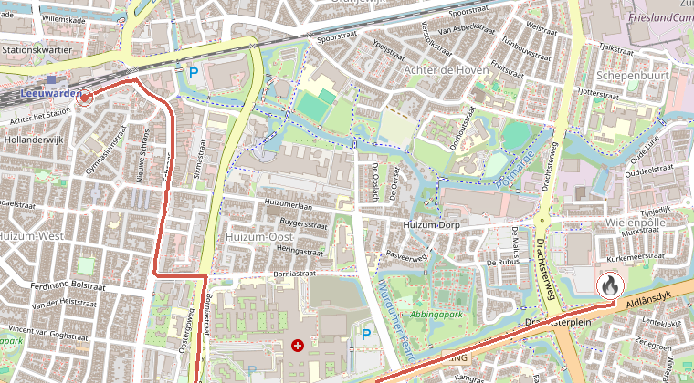 Kaart van de omgeving van de melding, met de kazerne die is gealarmeerd