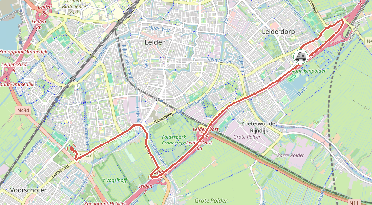 Kaart van de omgeving van de melding, met de kazerne die is gealarmeerd