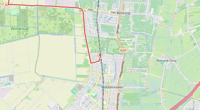 Kaart van de omgeving van de melding, met de kazerne die is gealarmeerd