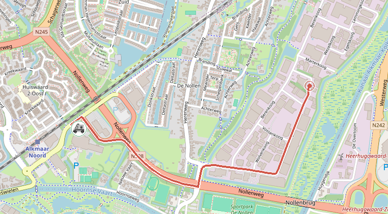 Kaart van de omgeving van de melding, met de kazerne die is gealarmeerd