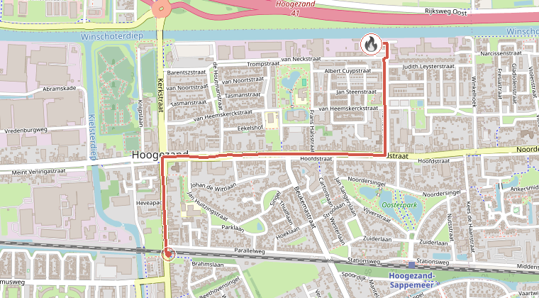 Kaart van de omgeving van de melding, met de kazerne die is gealarmeerd