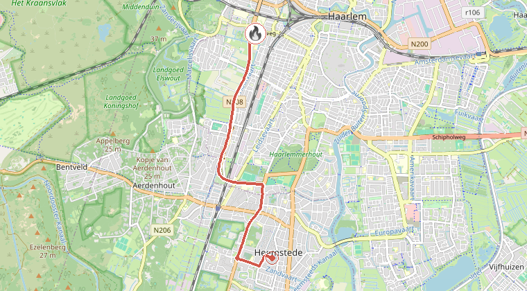 Kaart van de omgeving van de melding, met de kazerne die is gealarmeerd