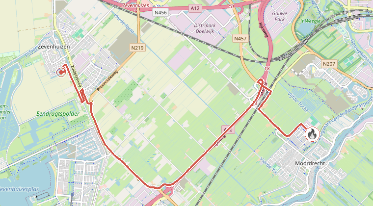 Kaart van de omgeving van de melding, met de kazerne die is gealarmeerd
