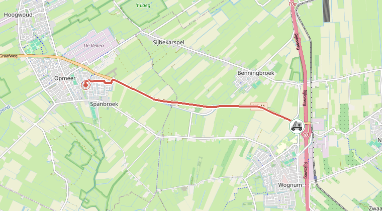 Kaart van de omgeving van de melding, met de kazerne die is gealarmeerd