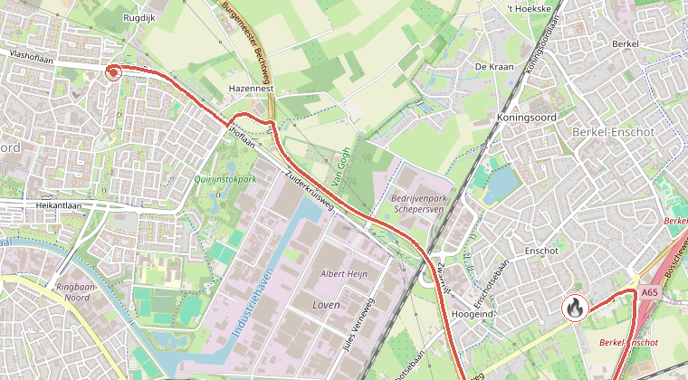 Kaart van de omgeving van de melding, met de kazerne die is gealarmeerd