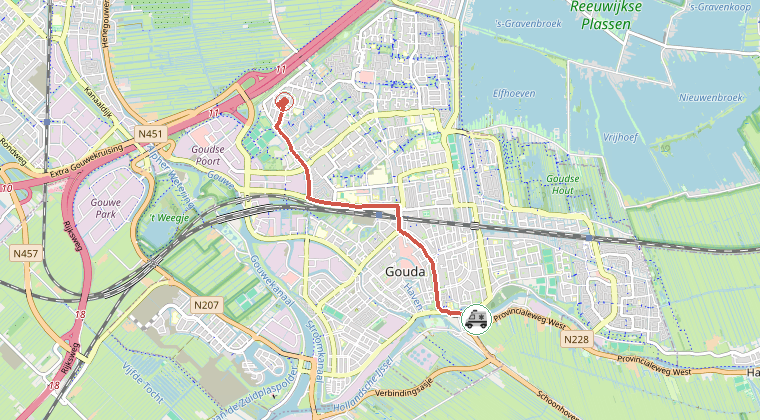 Kaart van de omgeving van de melding, met de kazerne die is gealarmeerd