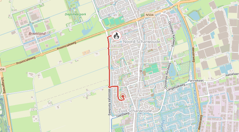 Kaart van de omgeving van de melding, met de kazerne die is gealarmeerd