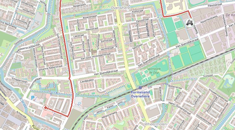 Kaart van de omgeving van de melding, met de kazerne die is gealarmeerd