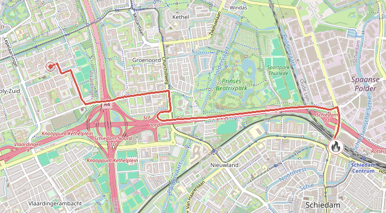 Kaart van de omgeving van de melding, met de kazerne die is gealarmeerd