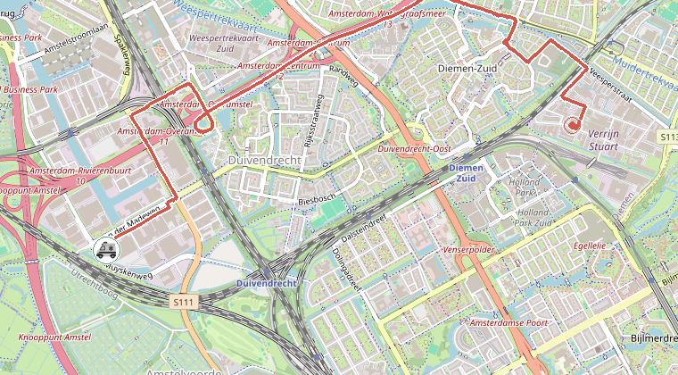 Kaart van de omgeving van de melding, met de kazerne die is gealarmeerd