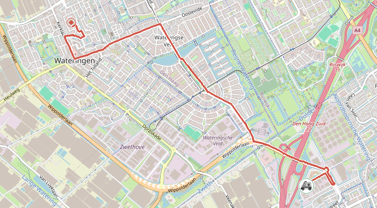 Kaart van de omgeving van de melding, met de kazerne die is gealarmeerd
